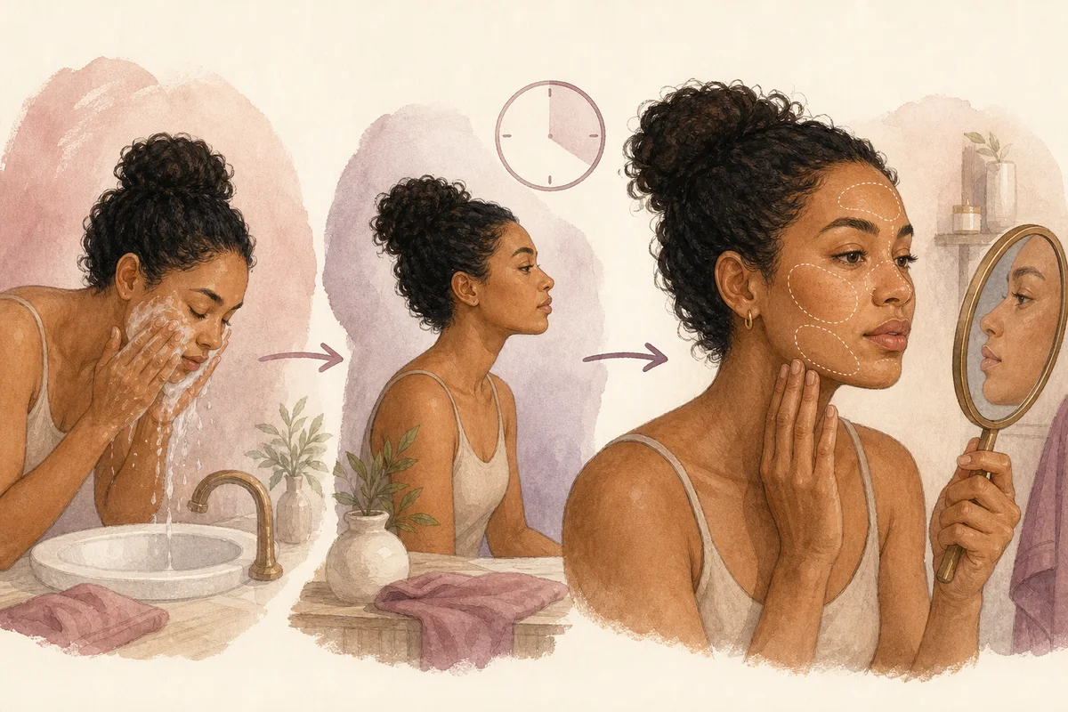 An illustrated woman observing the forehead, nose, cheeks, and jaw during a skin type test