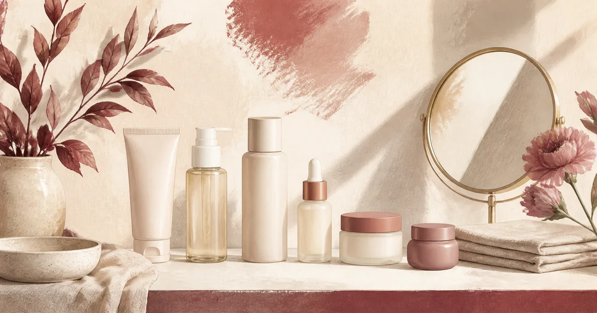 A premium editorial still life illustrating the correct order of skincare products