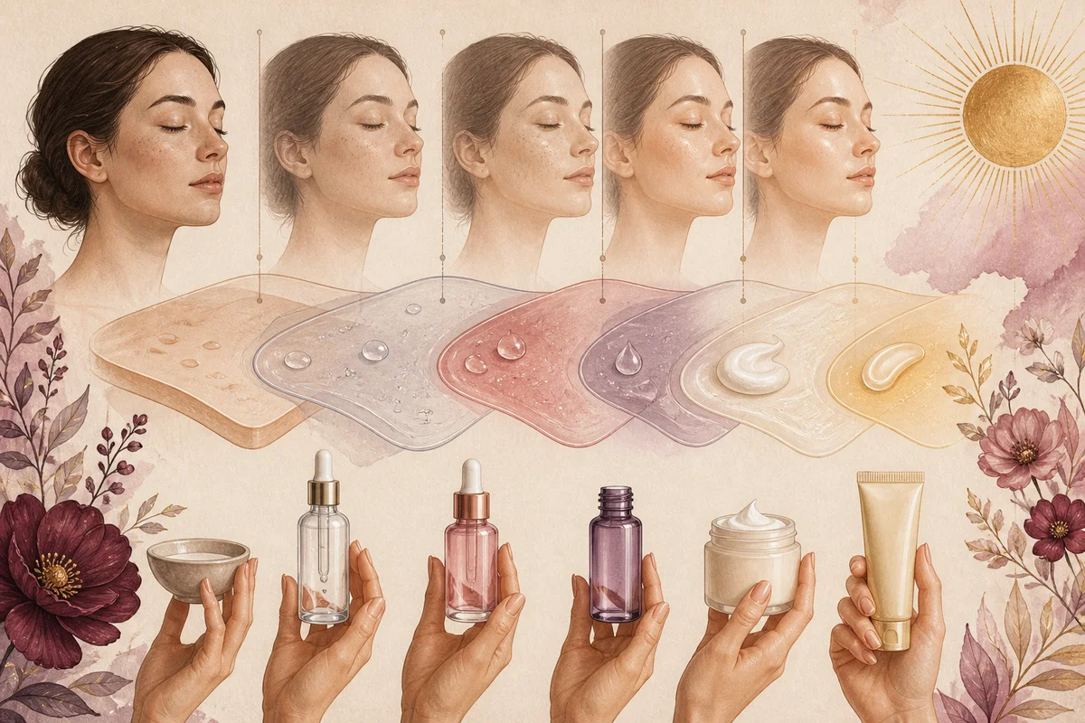 An editorial illustration of thin skincare layers building a calm morning and night routine