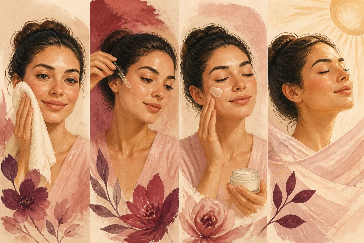 An illustrated morning skincare order from cleansing to sunscreen