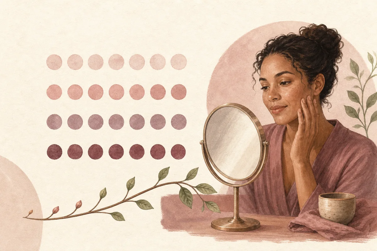 An illustrated four-week habit tracker beside a woman calmly observing her skin