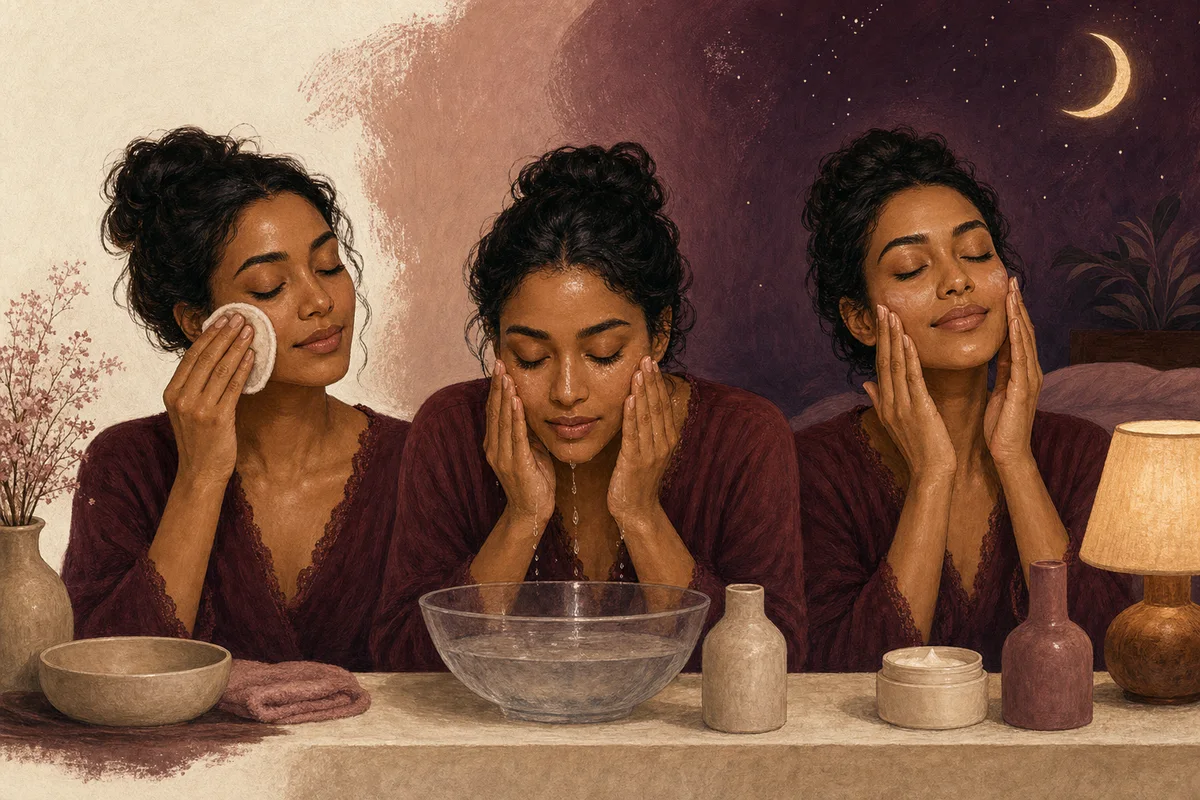 An illustrated night routine showing makeup removal, cleansing, and moisturizing