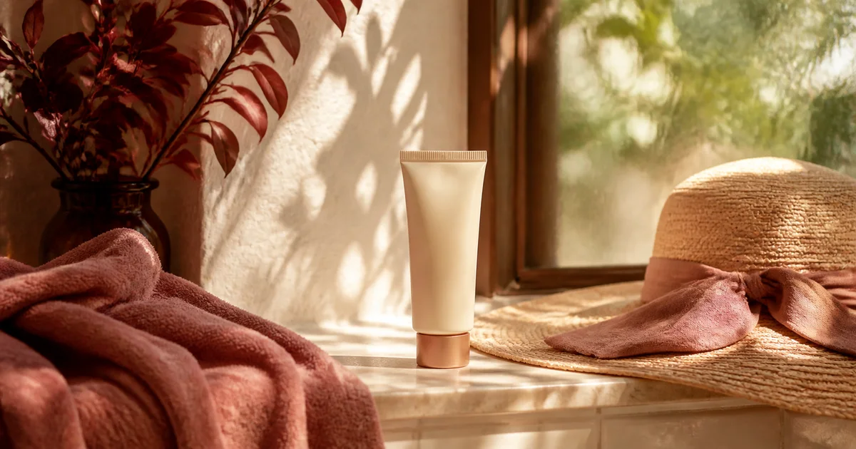 Unlabeled sunscreen beside a sunlit window and straw hat